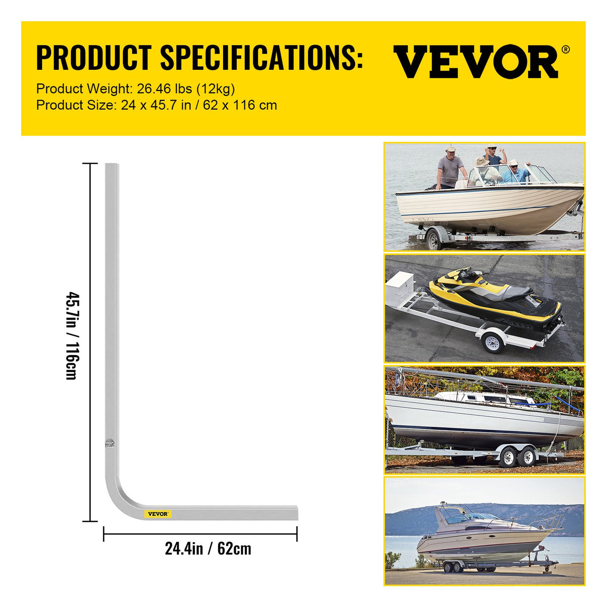 Boat Trailer Guides, 117 cm, Pair of Aluminium Guides, Stainless Steel with Adjustable Width, Mounting Hardware Included, Suitable for Jet Ski, Fishing and Sailing Boat Trailers