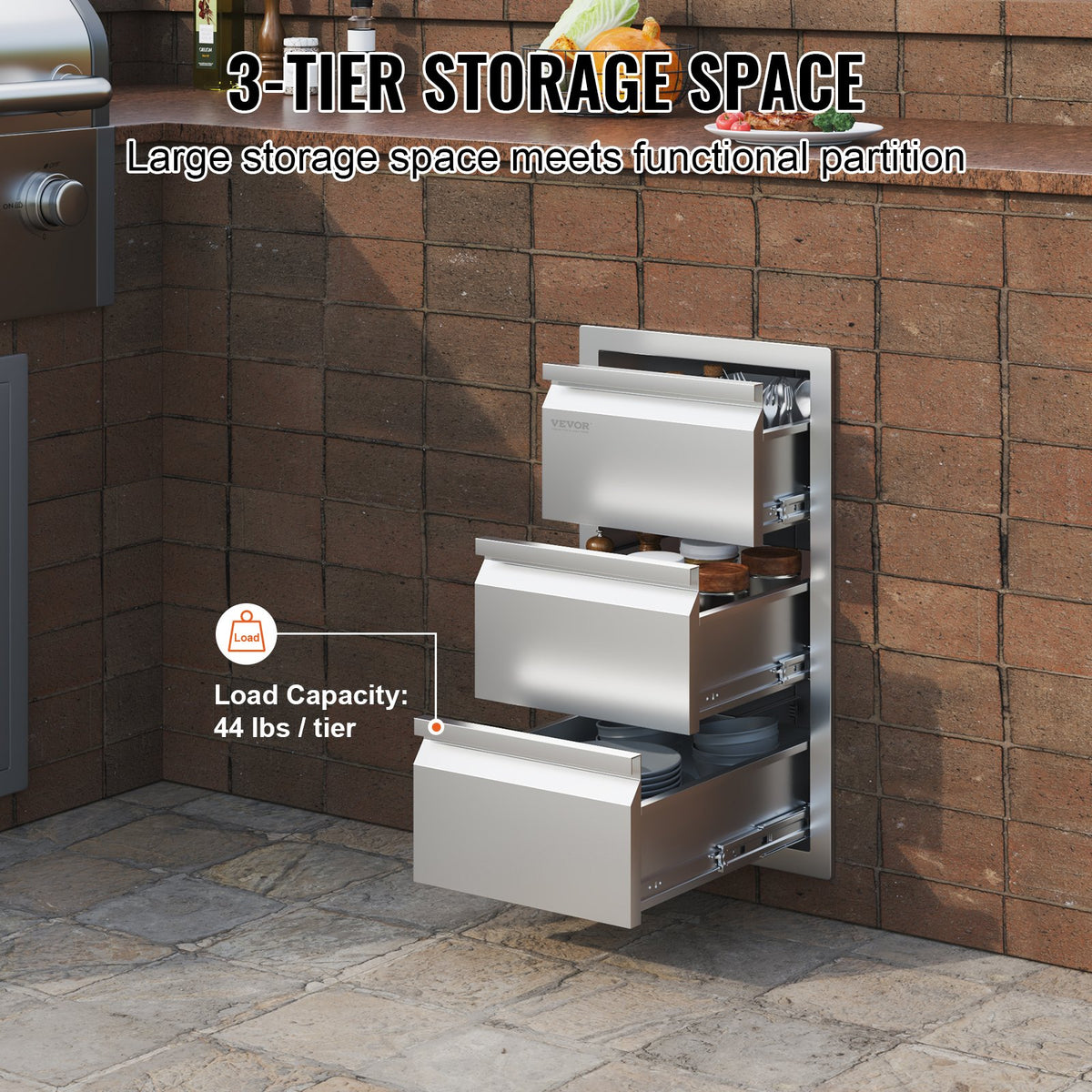VEVOR Triple Access Drawer, 201 Stainless Steel, for Outdoor Kitchen or BBQ Island, 483 × 660 mm