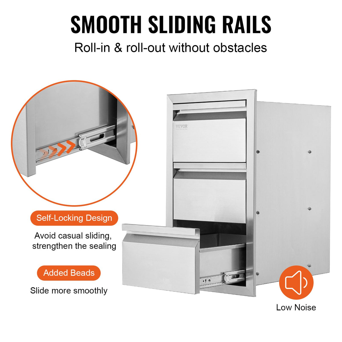 VEVOR Triple Access Drawer, 201 Stainless Steel, for Outdoor Kitchen or BBQ Island, 483 × 660 mm