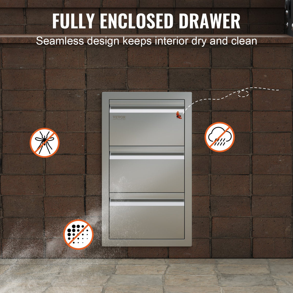 VEVOR Triple Access Drawer, 201 Stainless Steel, for Outdoor Kitchen or BBQ Island, 483 × 660 mm
