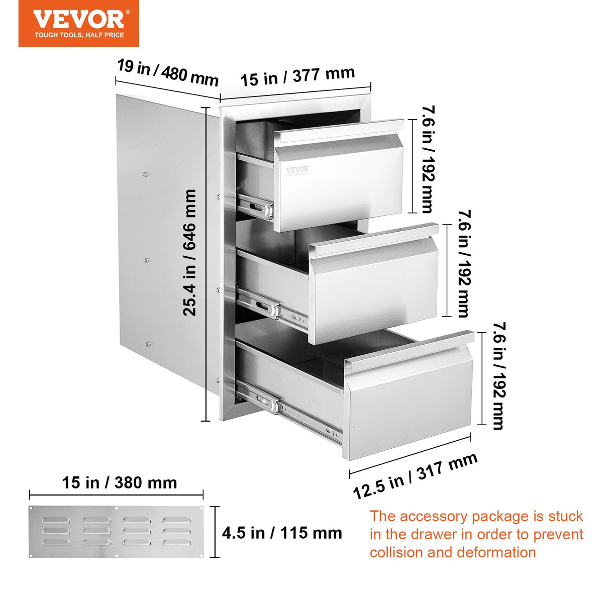 VEVOR Triple Access Drawer, 201 Stainless Steel, for Outdoor Kitchen or BBQ Island, 483 × 660 mm