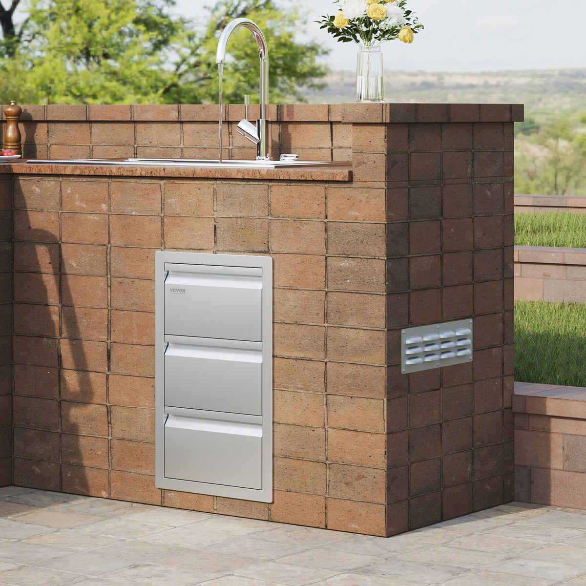 VEVOR Triple Access Drawer, 201 Stainless Steel, for Outdoor Kitchen or BBQ Island, 483 × 660 mm