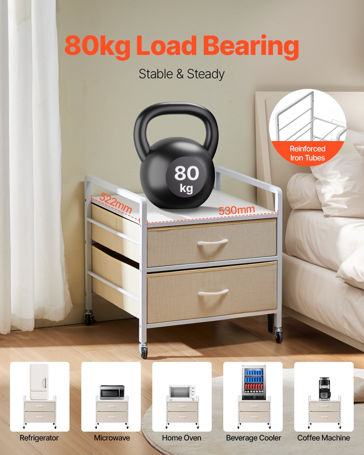 VEVOR mini ledusskapja statīvs ar 2 atvilktnēm, 80 kg, balts