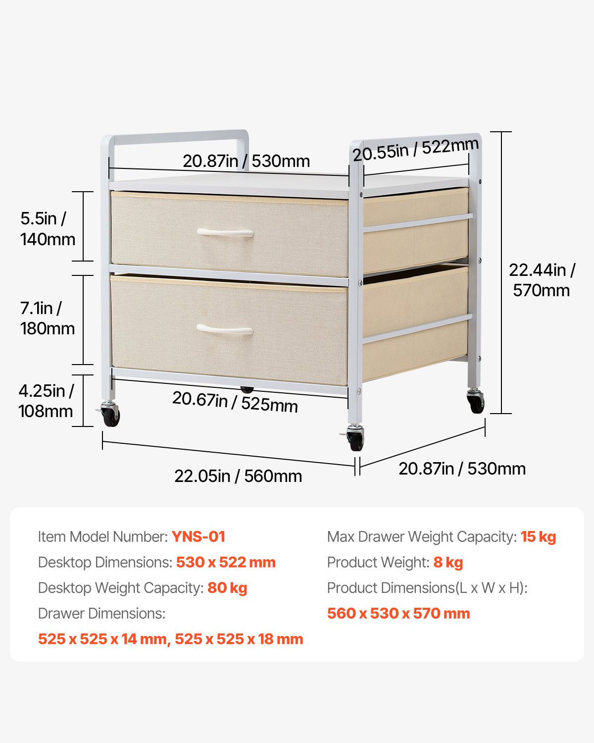 VEVOR mini ledusskapja statīvs ar 2 atvilktnēm, 80 kg, balts