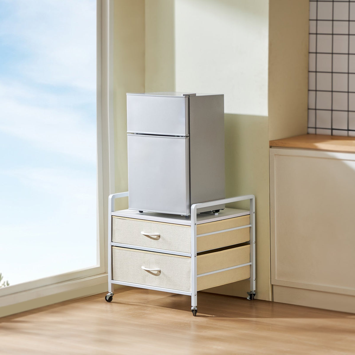 VEVOR mini ledusskapja statīvs ar 2 atvilktnēm, 80 kg, balts