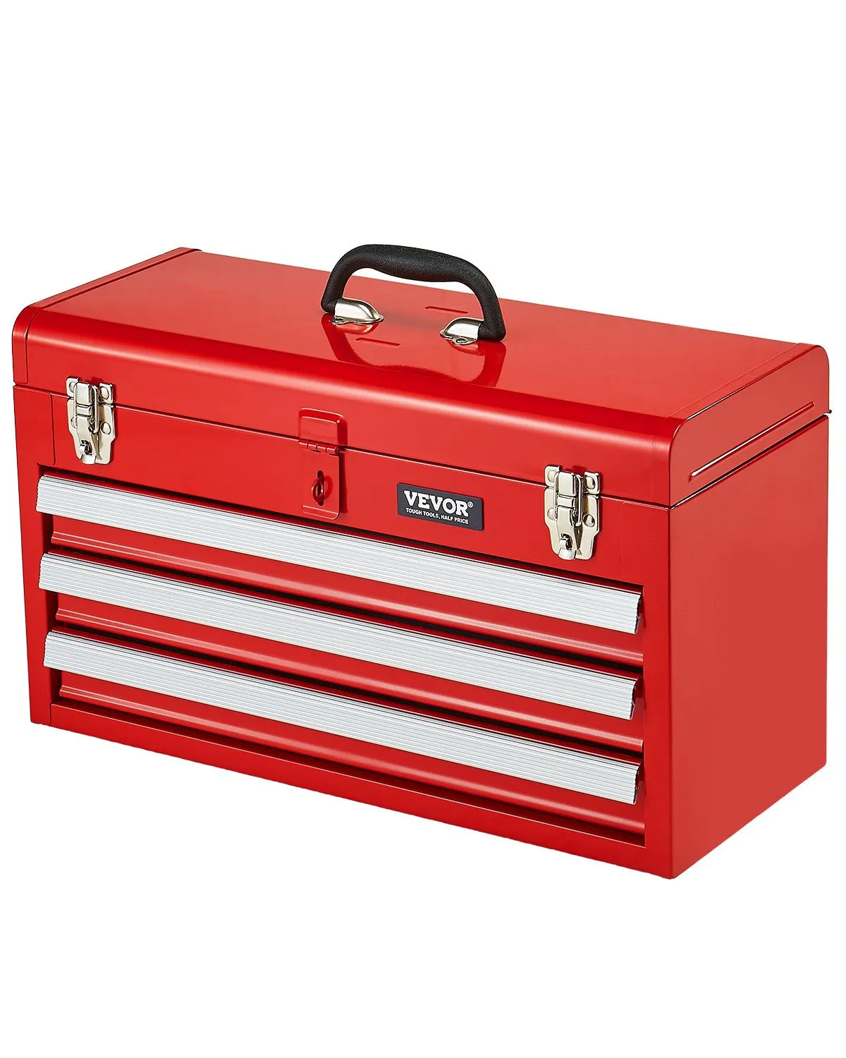 VEVOR Metal Tool Box 520 mm with 3 Drawers, Ball Bearing Slides, EVA Inserts, Red