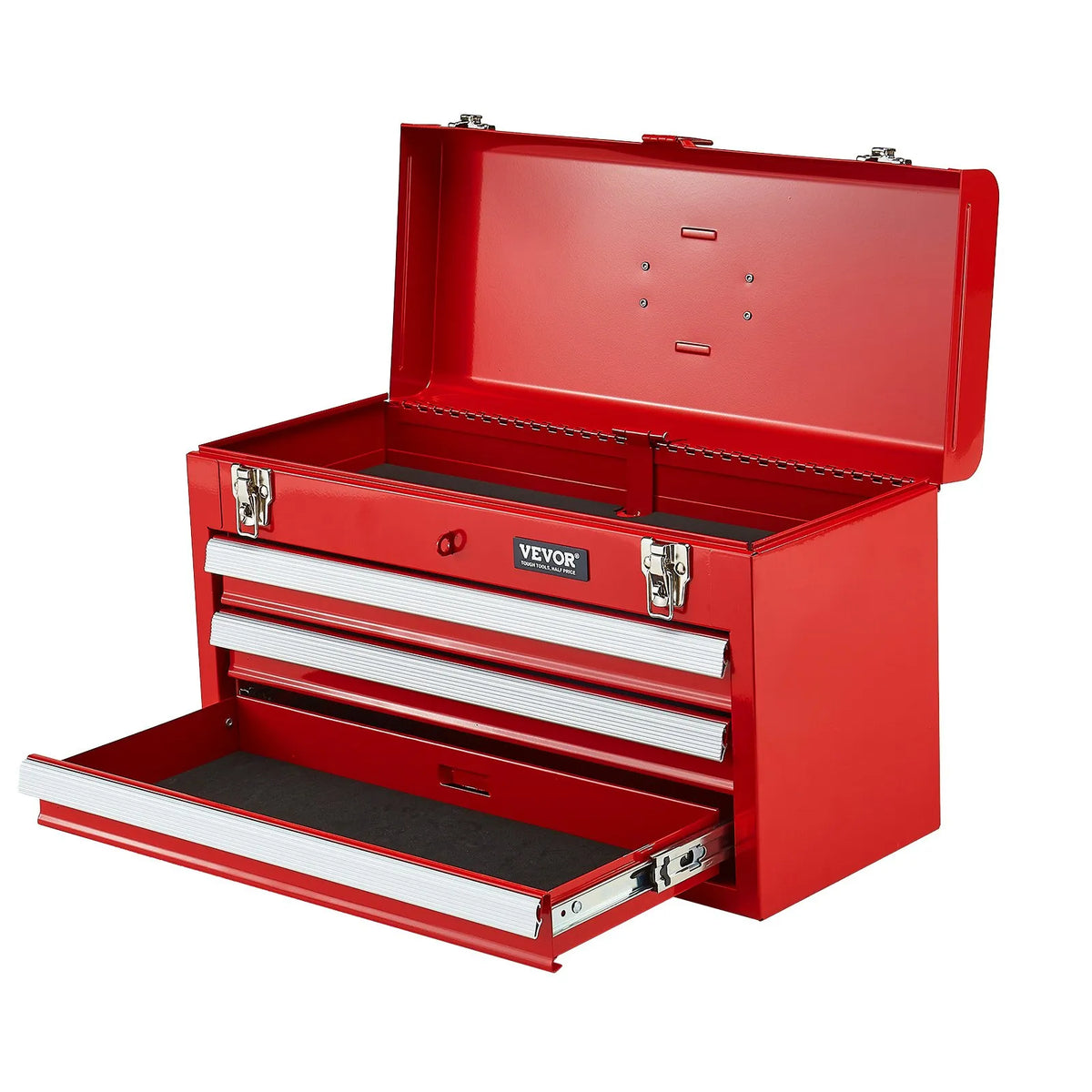 VEVOR Metal Tool Box 520 mm with 3 Drawers, Ball Bearing Slides, EVA Inserts, Red