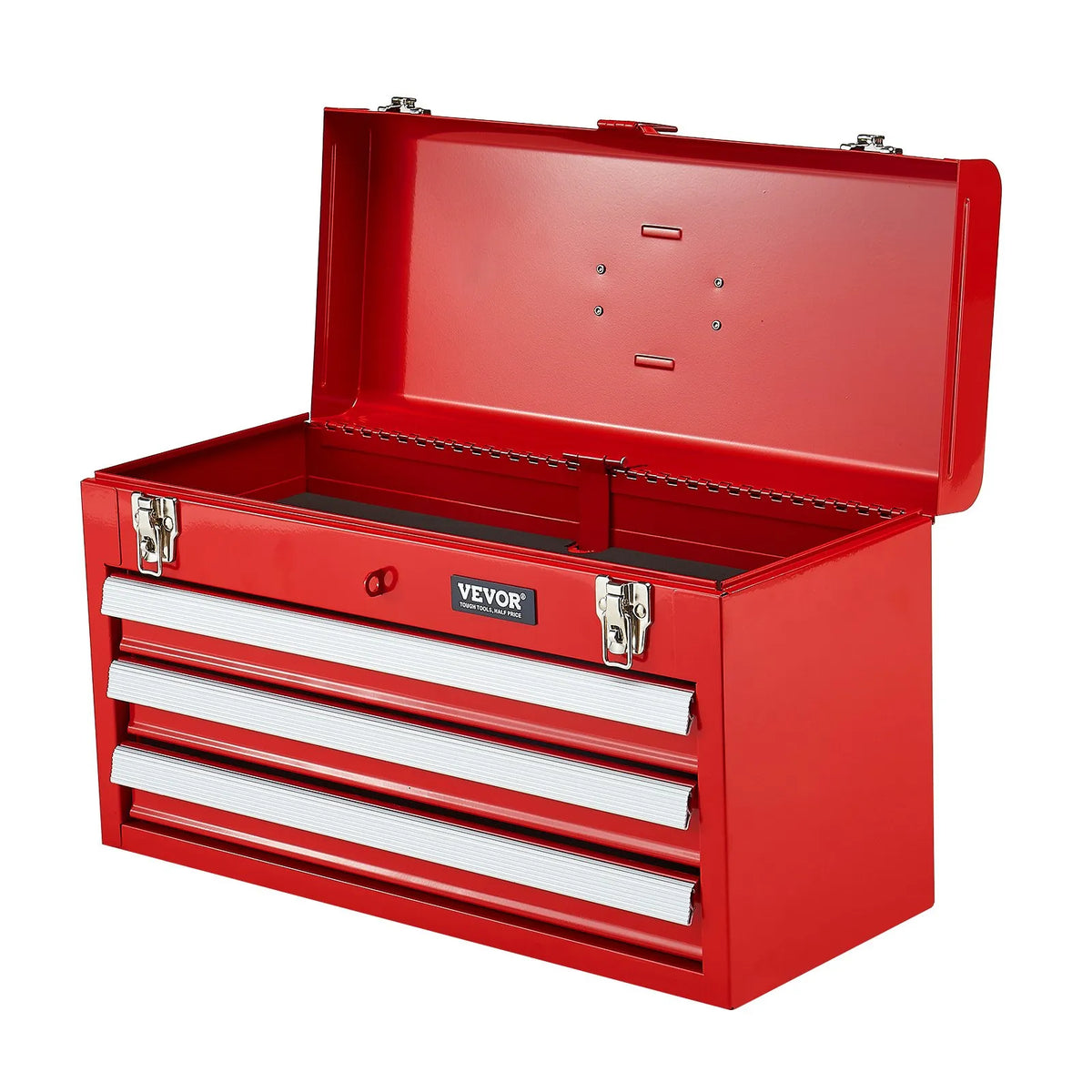 VEVOR Metal Tool Box 520 mm with 3 Drawers, Ball Bearing Slides, EVA Inserts, Red