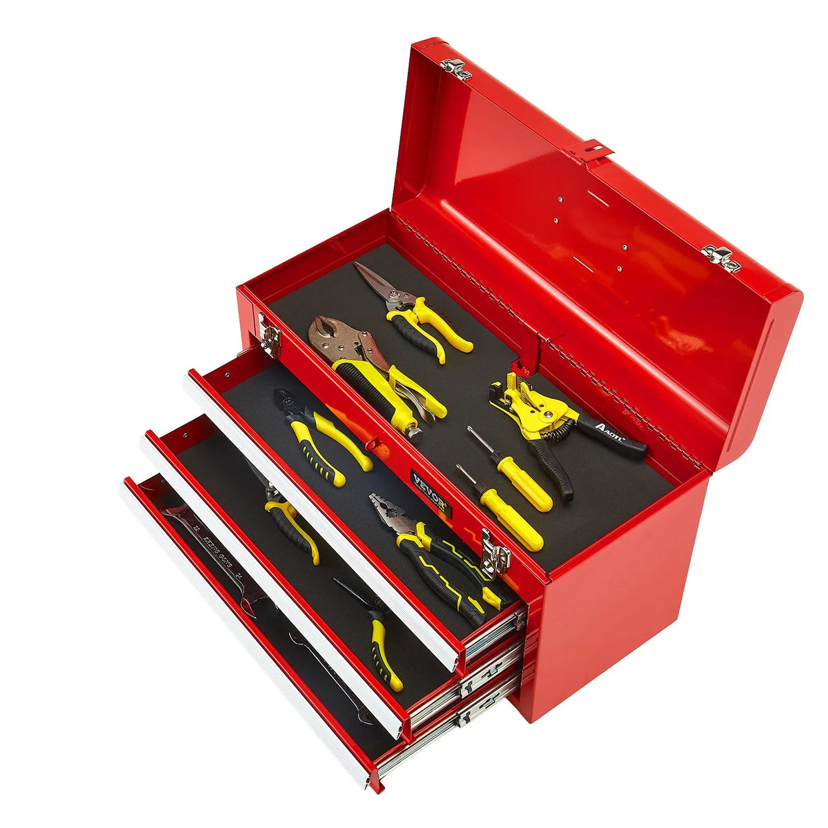 VEVOR Metal Tool Box 520 mm with 3 Drawers, Ball Bearing Slides, EVA Inserts, Red