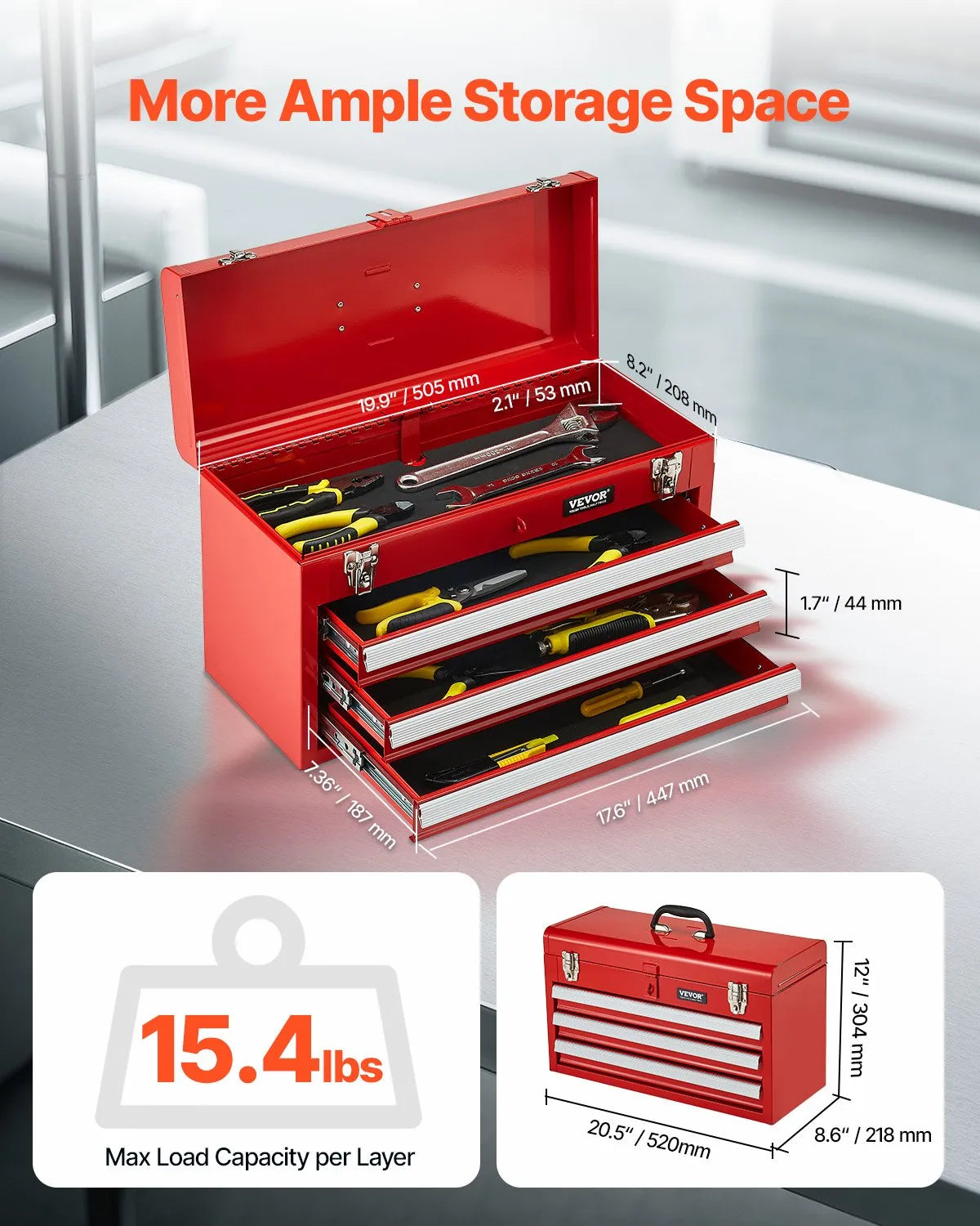 VEVOR Metal Tool Box 520 mm with 3 Drawers, Ball Bearing Slides, EVA Inserts, Red
