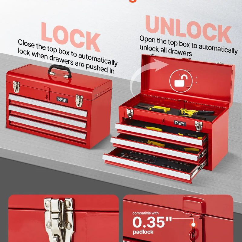VEVOR 52 cm pārnēsājamā metāla instrumentu kaste ar 3 atvilktnēm, EVA ieliktņiem, lodīšu gultņu vadotņu fiksāciju un pulverkrāsas pārklājumu, daudzfunkcionāls instrumentu organizators, sarkana