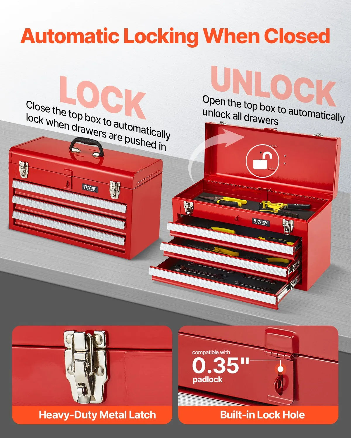 VEVOR Metal Tool Box 520 mm with 3 Drawers, Ball Bearing Slides, EVA Inserts, Red