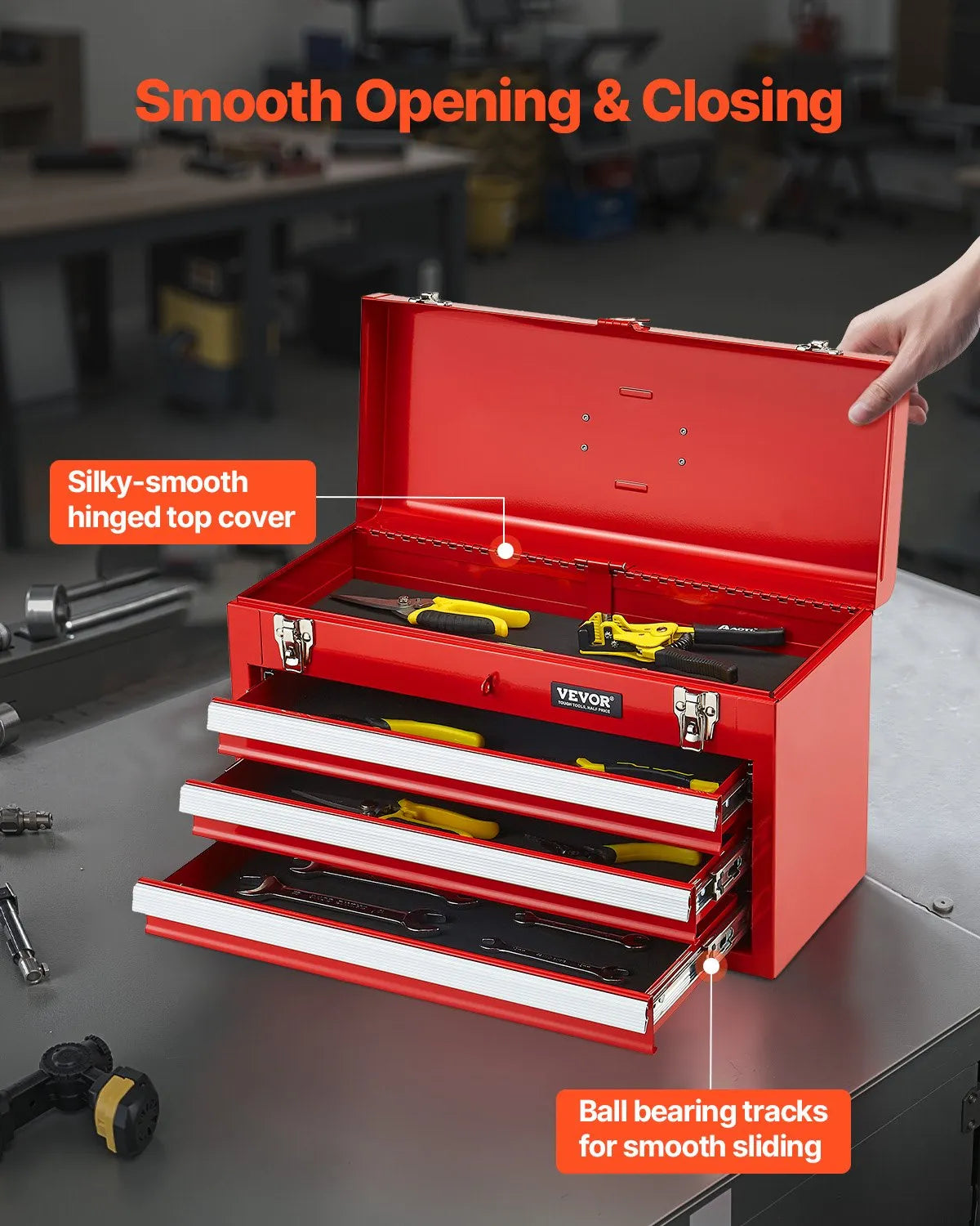 VEVOR Metal Tool Box 520 mm with 3 Drawers, Ball Bearing Slides, EVA Inserts, Red