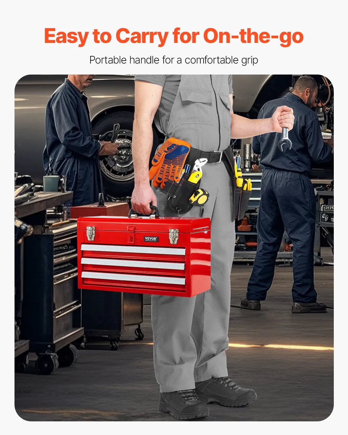 VEVOR Metal Tool Box 520 mm with 3 Drawers, Ball Bearing Slides, EVA Inserts, Red