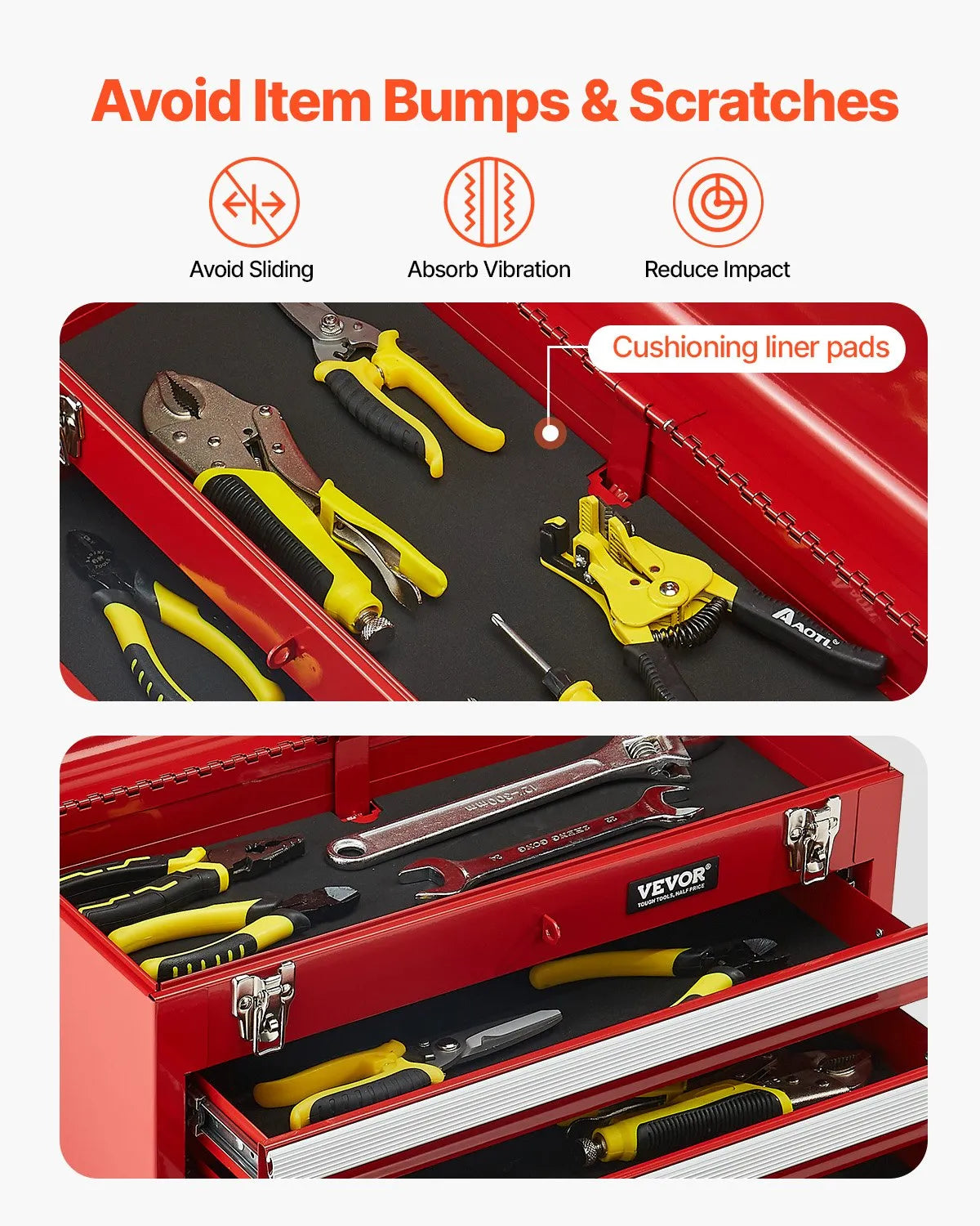 VEVOR Metal Tool Box 520 mm with 3 Drawers, Ball Bearing Slides, EVA Inserts, Red