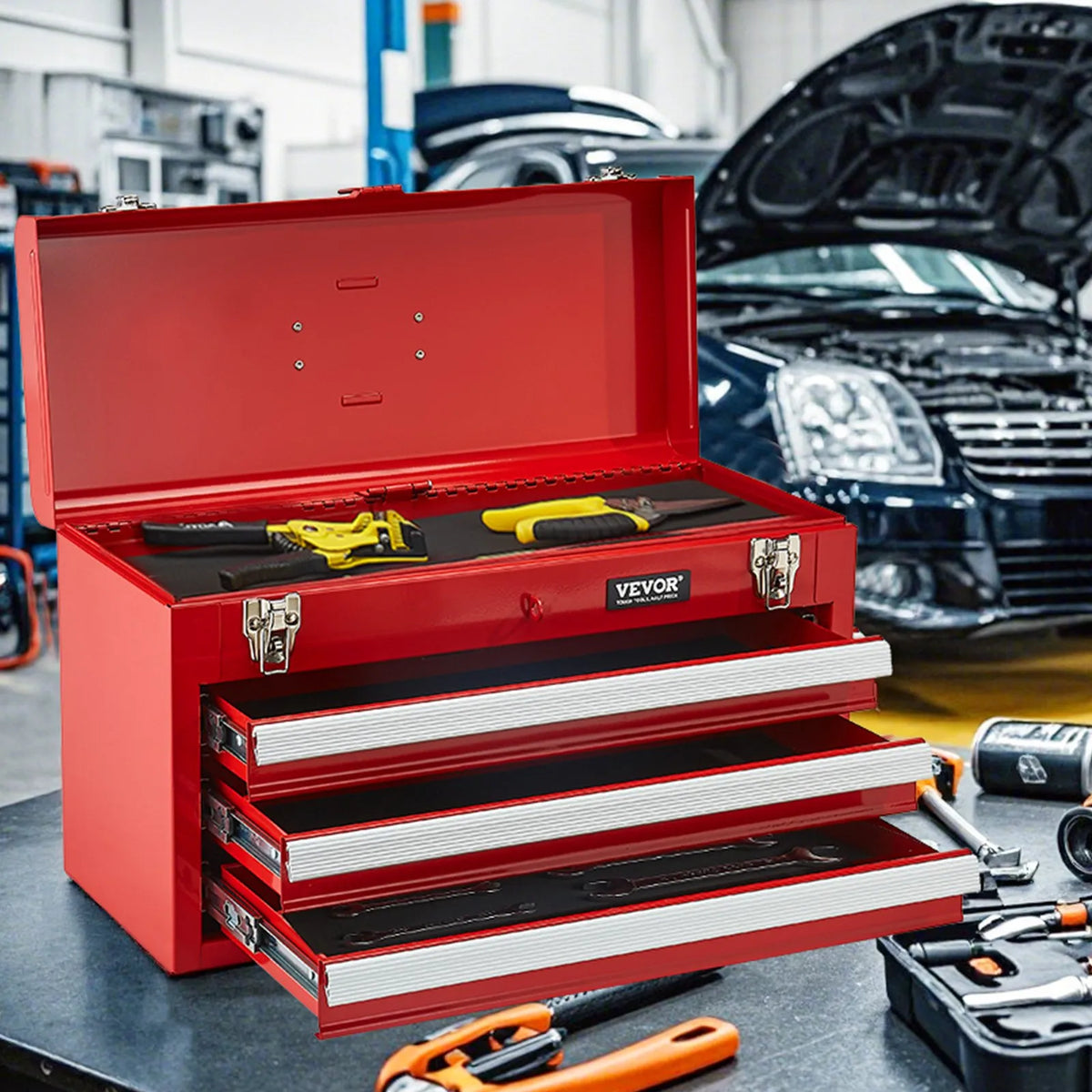 VEVOR Metal Tool Box 520 mm with 3 Drawers, Ball Bearing Slides, EVA Inserts, Red