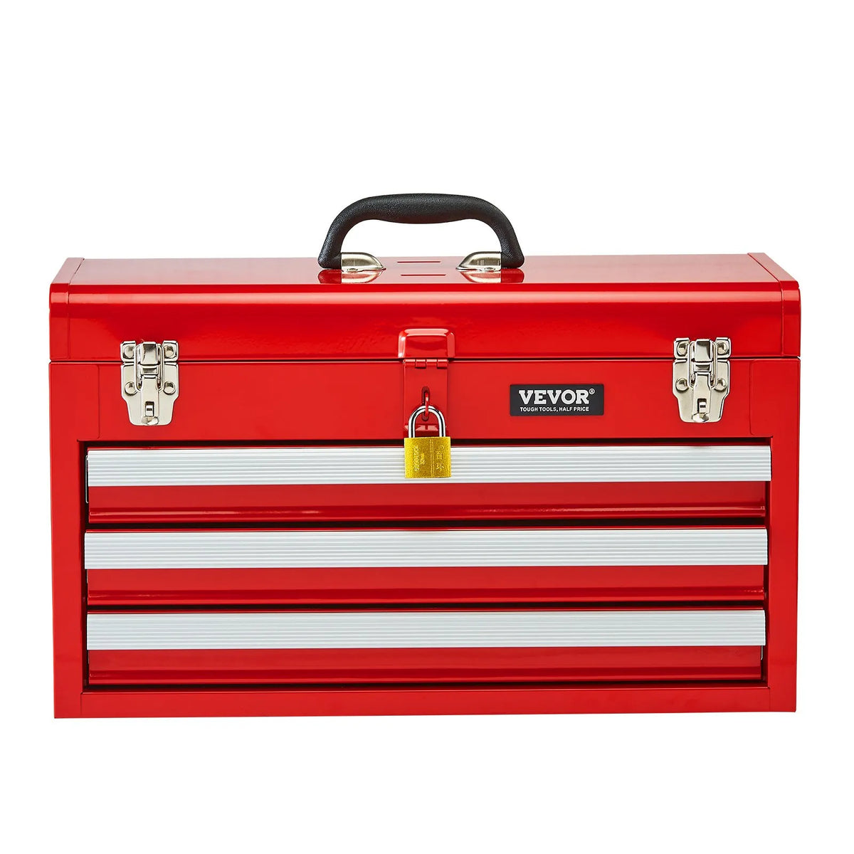 VEVOR Metal Tool Box 520 mm with 3 Drawers, Ball Bearing Slides, EVA Inserts, Red