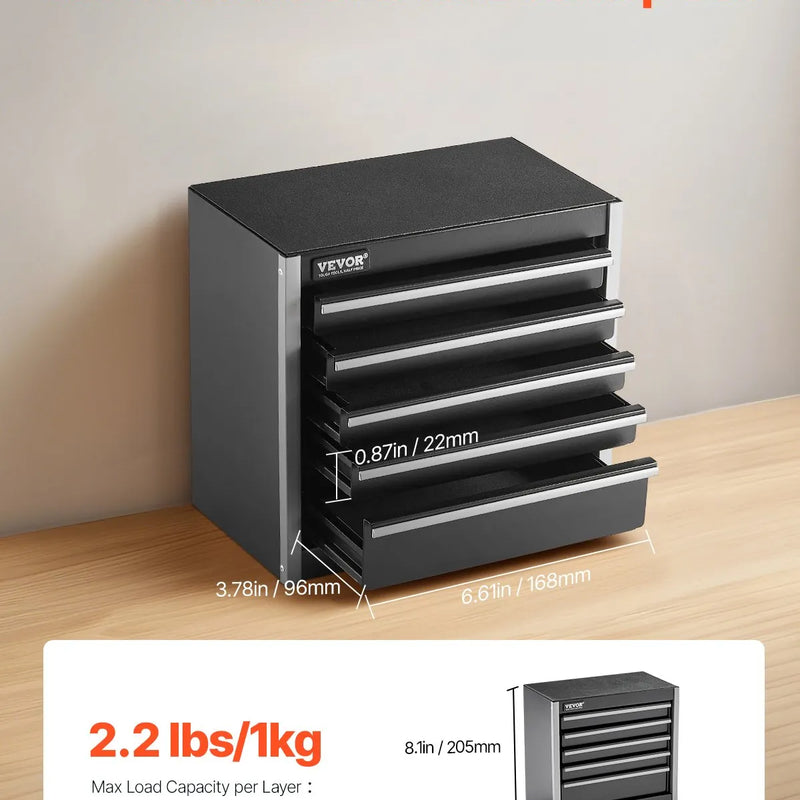 VEVOR 22 cm metāla instrumentu kaste ar 5 atvilktnēm, pārnēsājama tērauda kaste ar EVA ieliktņiem un PP kājiņām, izturīgs lodīšu gultņu mehānisms un pulverkrāsas pārklājums, melna