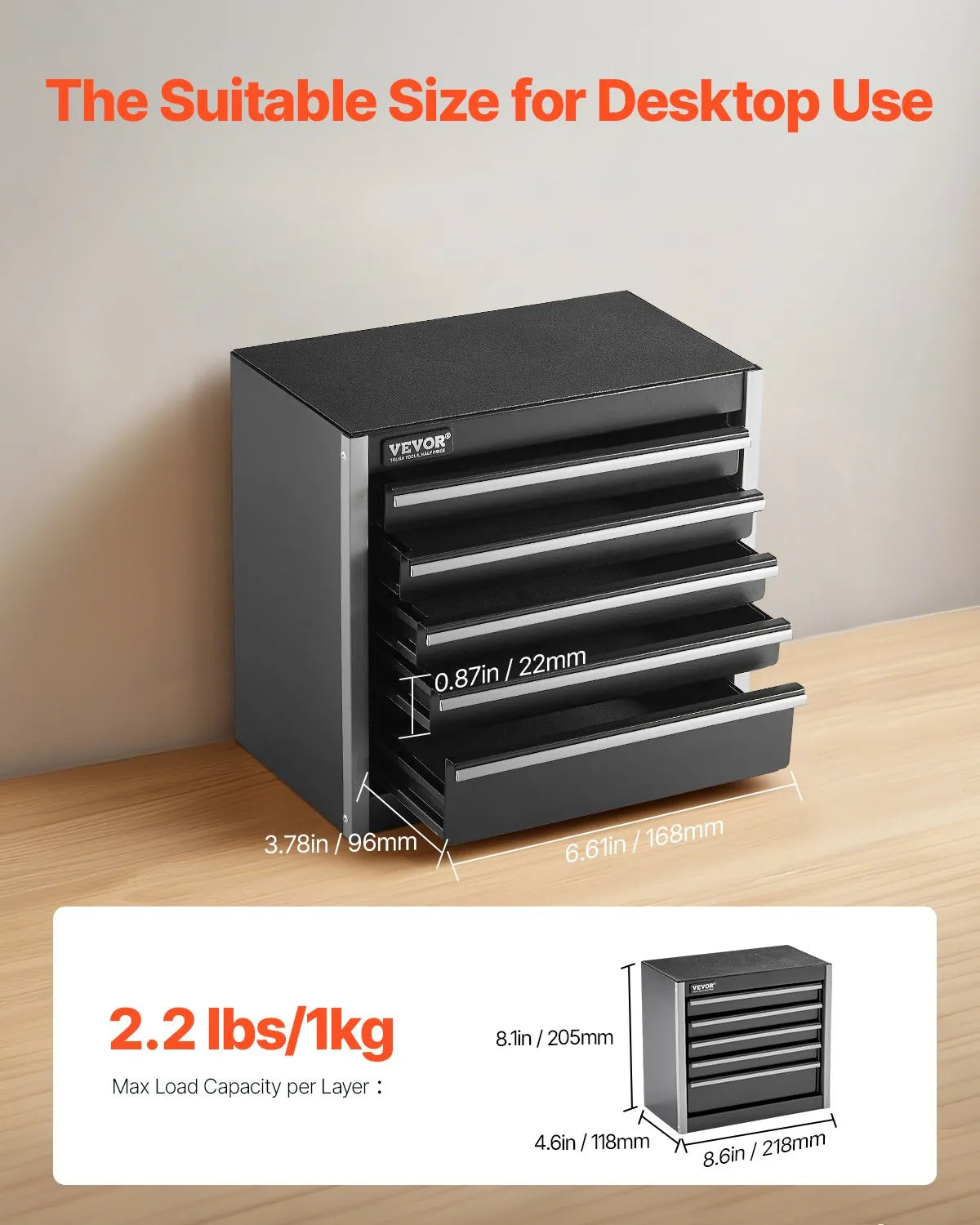 VEVOR Metal Tool Box 220 mm with 5 Drawers, Ball Bearing Slides, EVA Inserts, Black