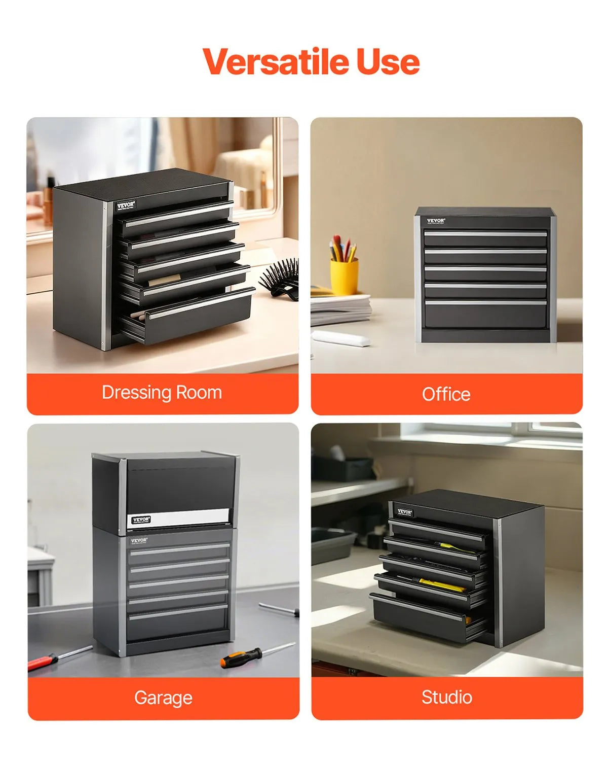VEVOR Metal Tool Box 220 mm with 5 Drawers, Ball Bearing Slides, EVA Inserts, Black
