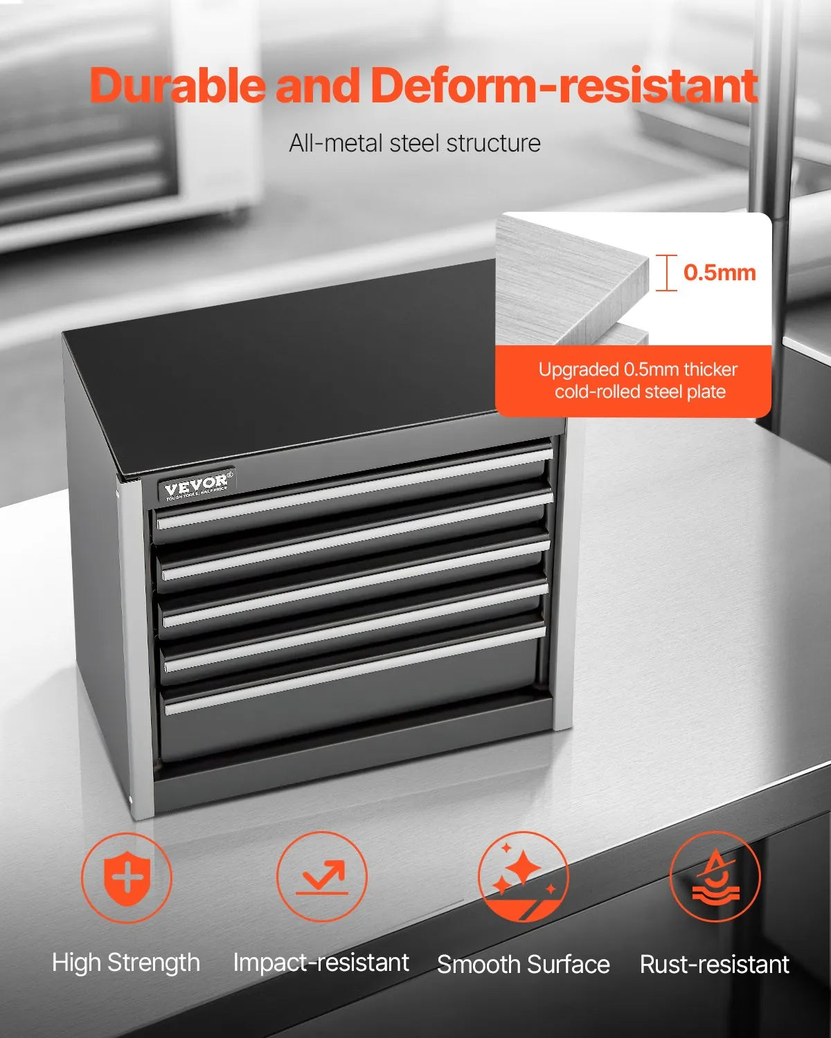 VEVOR Metal Tool Box 220 mm with 5 Drawers, Ball Bearing Slides, EVA Inserts, Black