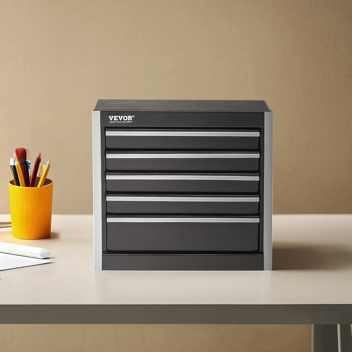 VEVOR Metal Tool Box 220 mm with 5 Drawers, Ball Bearing Slides, EVA Inserts, Black