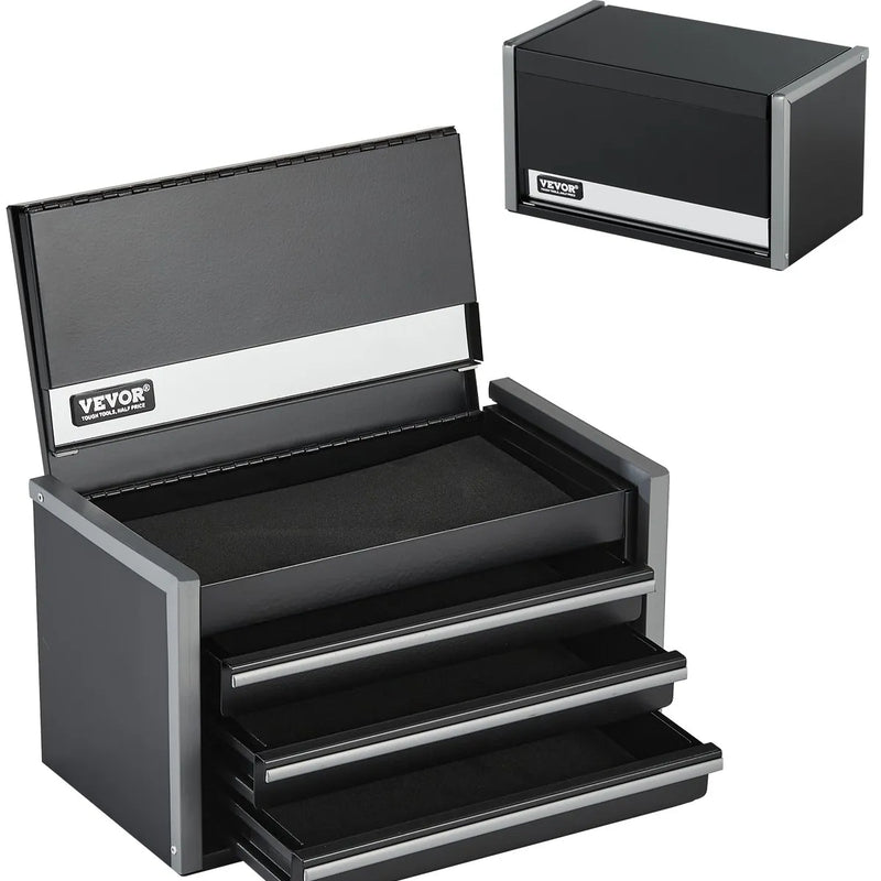 VEVOR 21,8 cm pārnēsājamā metāla instrumentu kaste ar 3 atvilktnēm, tērauda korpuss ar lodīšu gultņu mehānismu, EVA ieliktņiem un PP kājiņām, pulverkrāsas pārklājums, melna