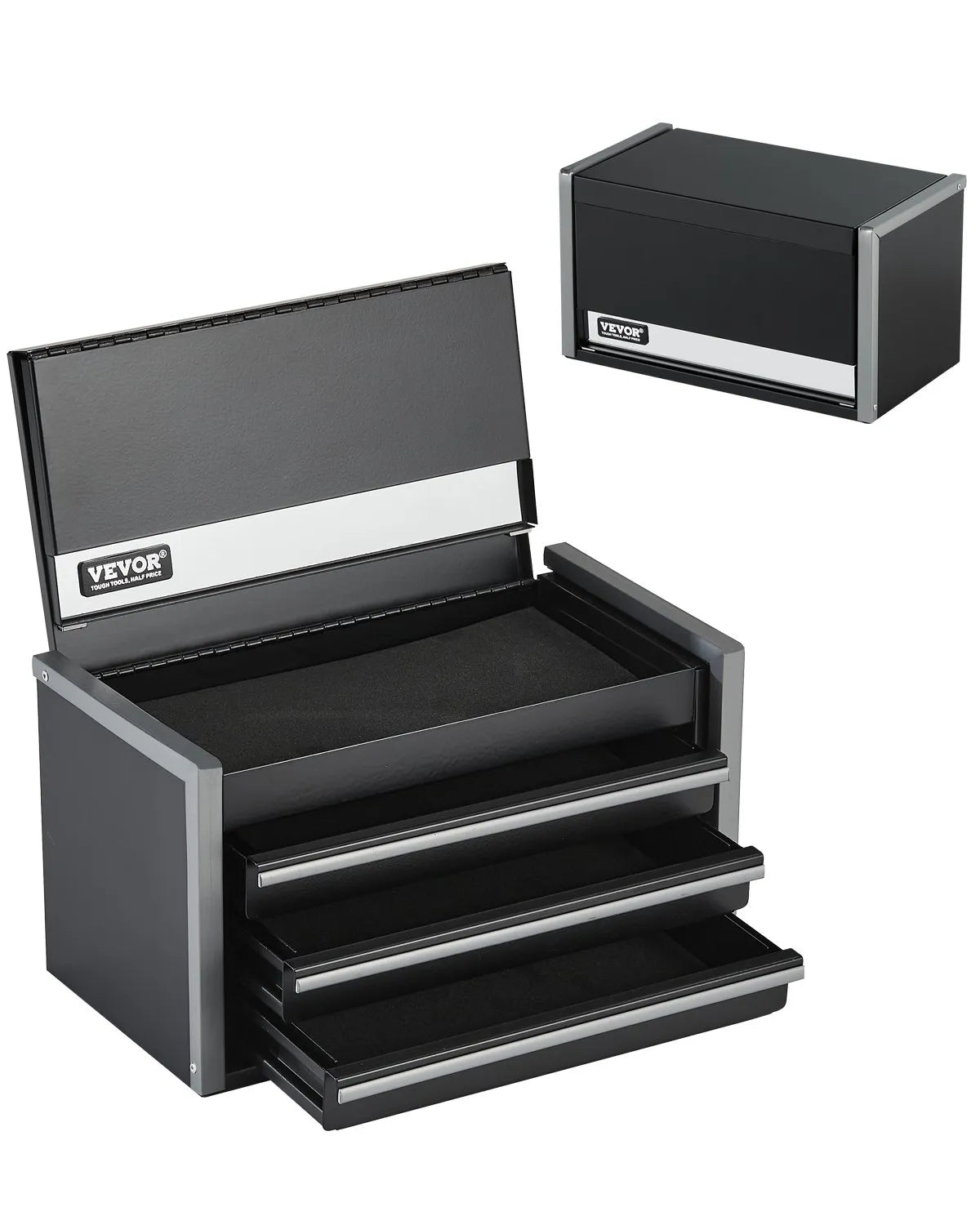 VEVOR Metal Tool Box 218 mm with 3 Drawers, Ball Bearing Slides, EVA Inserts, Black