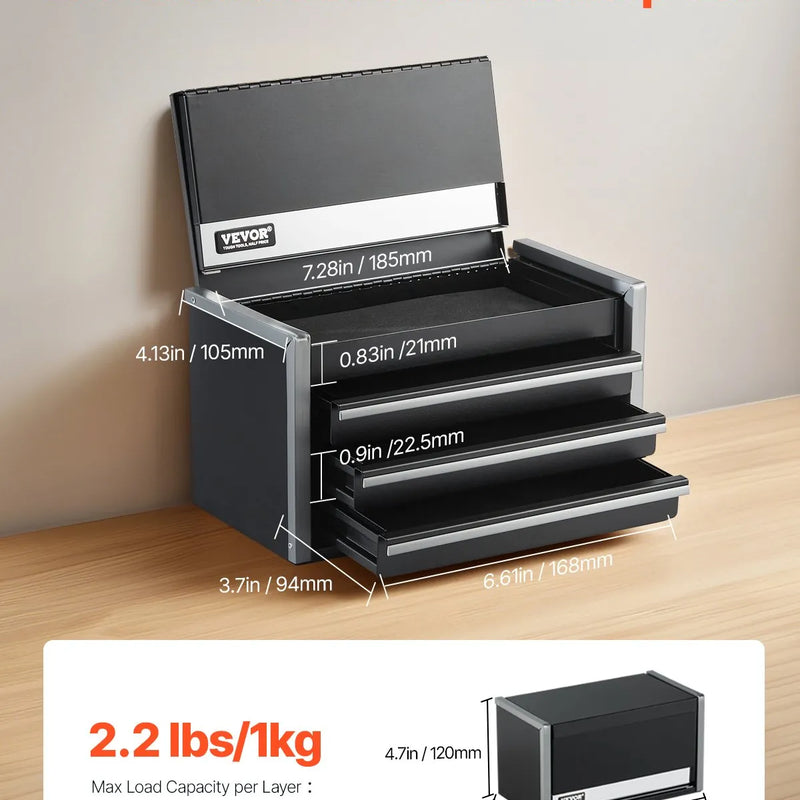 VEVOR 21,8 cm pārnēsājamā metāla instrumentu kaste ar 3 atvilktnēm, tērauda korpuss ar lodīšu gultņu mehānismu, EVA ieliktņiem un PP kājiņām, pulverkrāsas pārklājums, melna