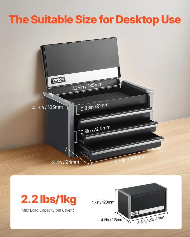 VEVOR 21,8 cm pārnēsājamā metāla instrumentu kaste ar 3 atvilktnēm, tērauda korpuss ar lodīšu gultņu mehānismu, EVA ieliktņiem un PP kājiņām, pulverkrāsas pārklājums, melna