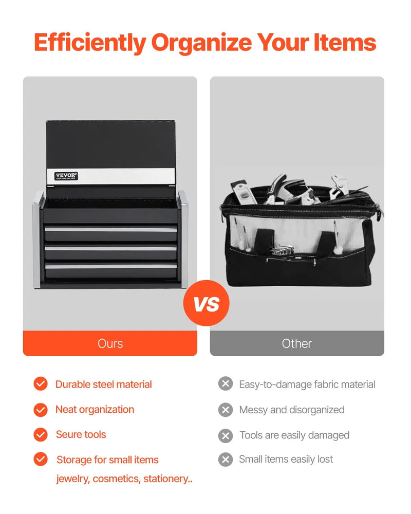 VEVOR 21,8 cm pārnēsājamā metāla instrumentu kaste ar 3 atvilktnēm, tērauda korpuss ar lodīšu gultņu mehānismu, EVA ieliktņiem un PP kājiņām, pulverkrāsas pārklājums, melna