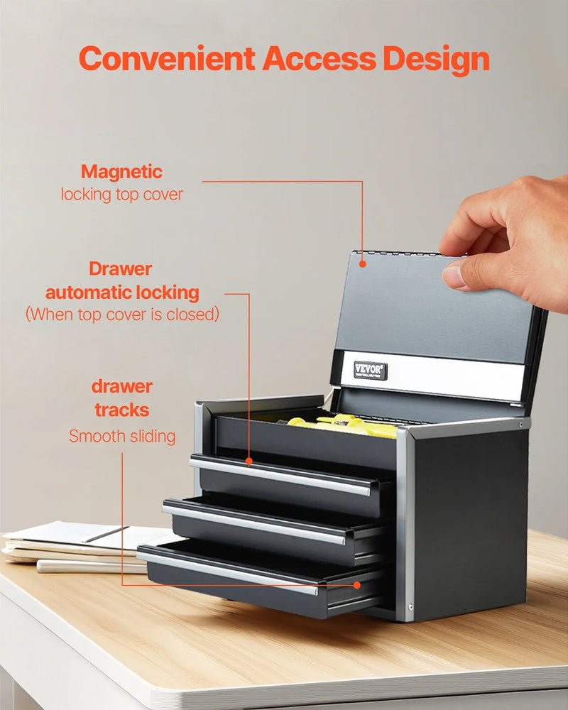 VEVOR 21,8 cm pārnēsājamā metāla instrumentu kaste ar 3 atvilktnēm, tērauda korpuss ar lodīšu gultņu mehānismu, EVA ieliktņiem un PP kājiņām, pulverkrāsas pārklājums, melna