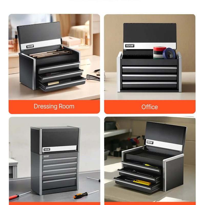 VEVOR 21,8 cm pārnēsājamā metāla instrumentu kaste ar 3 atvilktnēm, tērauda korpuss ar lodīšu gultņu mehānismu, EVA ieliktņiem un PP kājiņām, pulverkrāsas pārklājums, melna