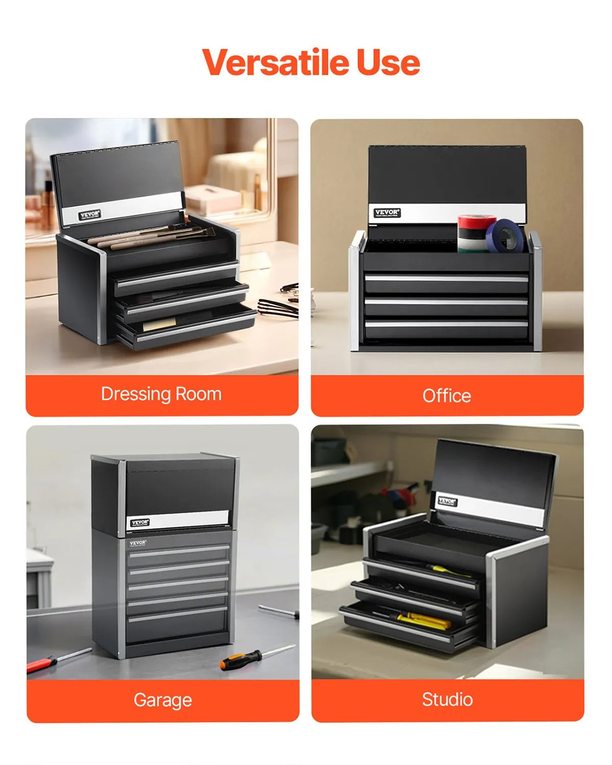 VEVOR Metal Tool Box 218 mm with 3 Drawers, Ball Bearing Slides, EVA Inserts, Black