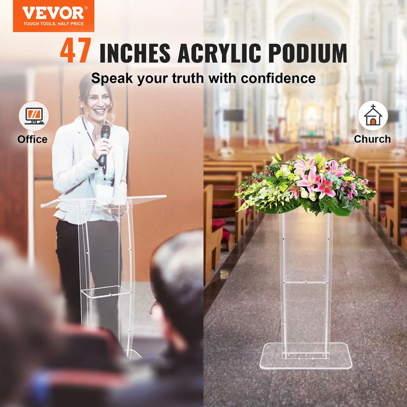 VEVOR caurspīdīga akrila tribīne, 119 cm, ar platu lasīšanas virsmu un uzglabāšanas plauktu