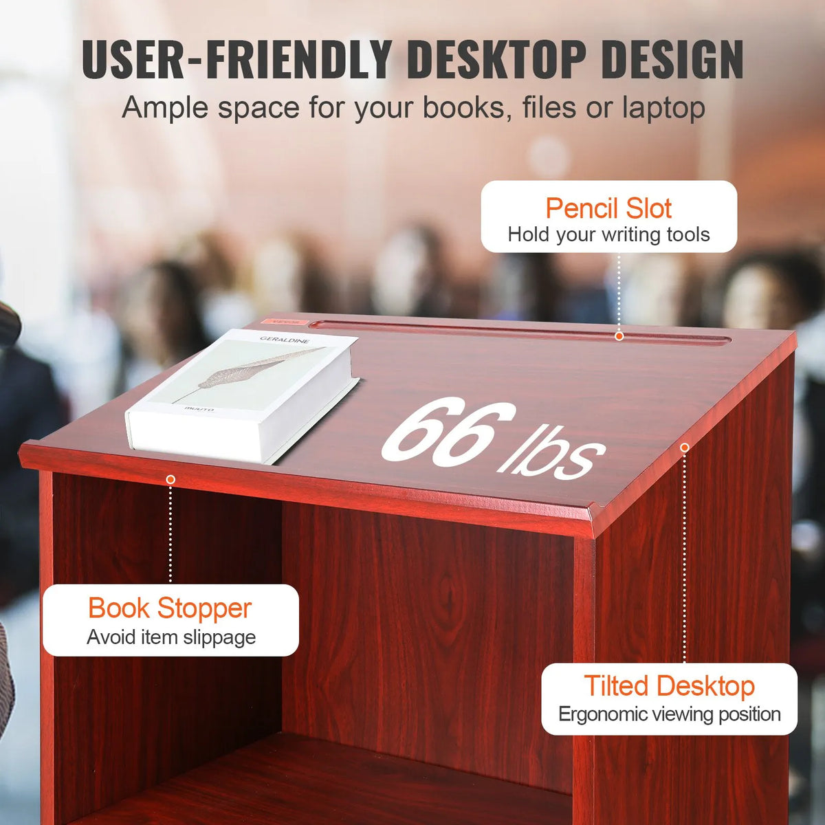 VEVOR wooden workbench with 4 casters, 119 cm, storage shelves and sloped work surface, brown