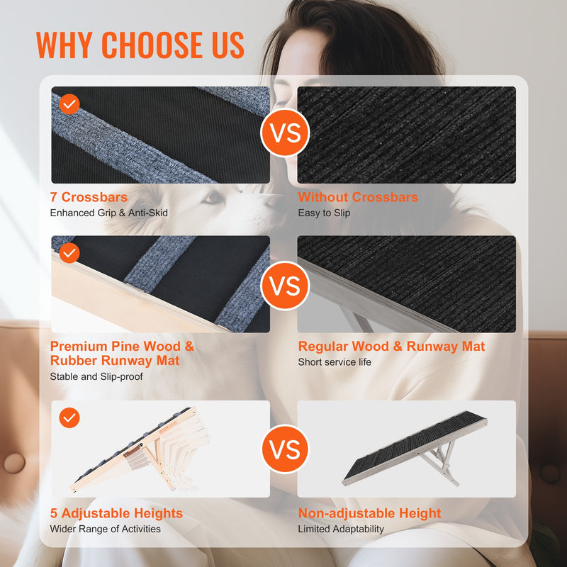 VEVOR Salokāma suņu rampa, regulējama koka rampa suņiem un kaķiem, 100 cm gara, regulējama no 38 cm līdz 56 cm