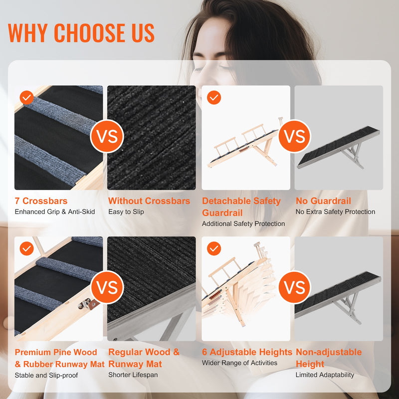 VEVOR Salokāma kucēnu rampa ar regulējamu augstumu - koka pet rampa 120 cm garumā, regulējama no 35 līdz 70 cm, piemērota gultai, dīvānam un automašīnai