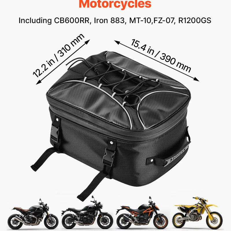 VEVOR motocikla aizmugurējā sēdekļa soma, 22–34 l paplašināma motocikla bagāžas soma ar ūdensnecaurlaidīgu lietus pārsegu, āra motocikla bagāžas uzglabāšanas mugursoma un rokas soma ar siksnām, kabatu un elastīgu auklu, melna - ZEMLETES.LV