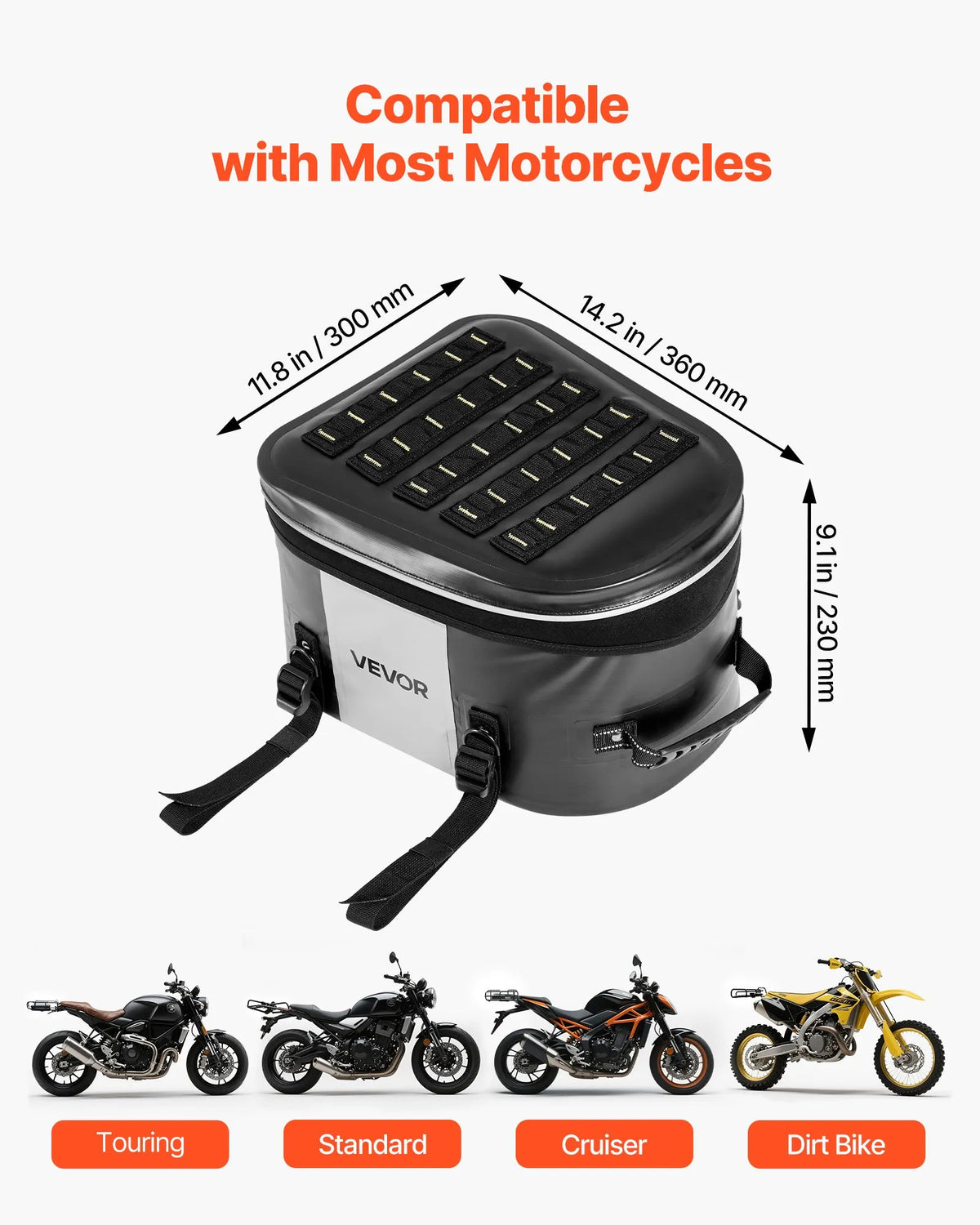 VEVOR motocikla aizmugurējā sēdekļa soma, 28 l motocikla bagāžas soma ar ūdensizturīgu audumu, āra motocikla bagāžas uzglabāšanas rokas soma ar kabatu un regulējamu sprādzi, universāli piemērota aizmugurējiem bagāžas statīviem, melna - ZEMLETES.LV