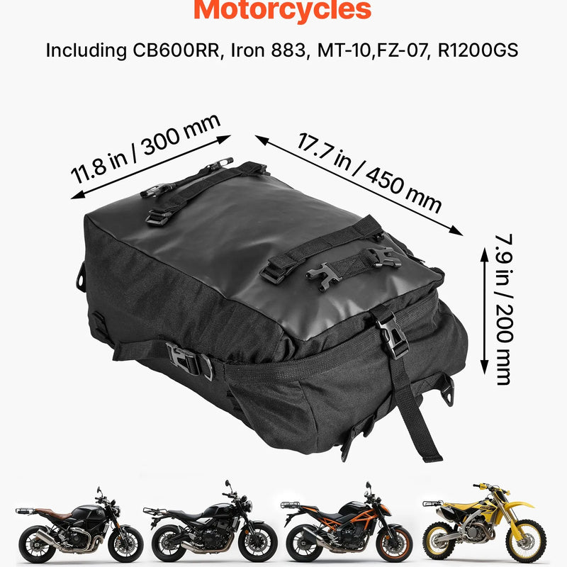 VEVOR motocikla aizmugurējā bagāžas soma, 30 l motocikla aizmugurējā sēdekļa soma ar ūdensnecaurlaidīgu lietus pārsegu, āra motocikla bagāžas uzglabāšanas soma – mugursoma ar pleca siksnām, universāli piemērota aizmugurējiem bagāžas statīviem, melna - ZEMLETES.LV