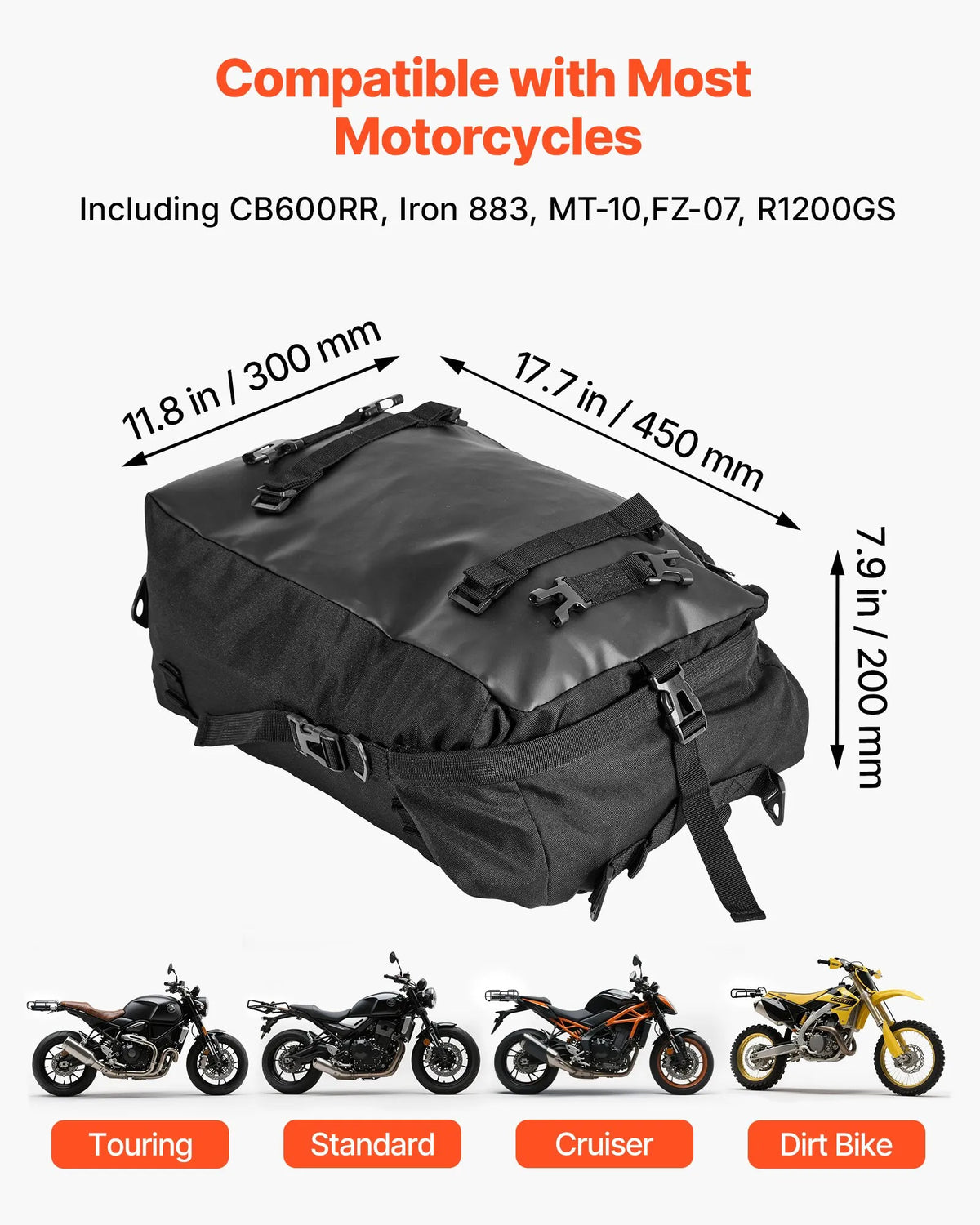 VEVOR motocikla aizmugurējā bagāžas soma, 30 l motocikla aizmugurējā sēdekļa soma ar ūdensnecaurlaidīgu lietus pārsegu, āra motocikla bagāžas uzglabāšanas soma – mugursoma ar pleca siksnām, universāli piemērota aizmugurējiem bagāžas statīviem, melna - ZEMLETES.LV