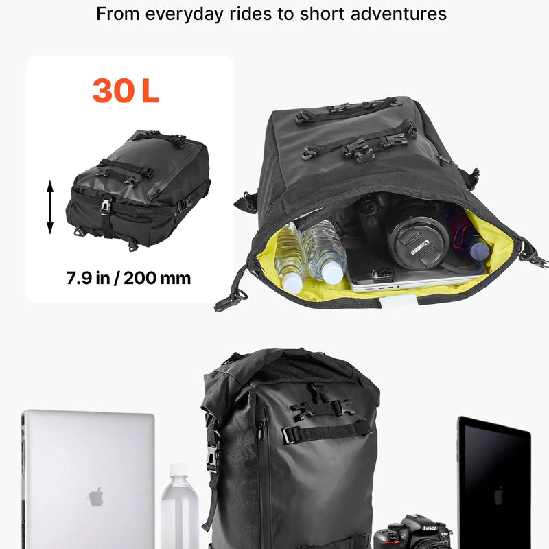 VEVOR motocikla aizmugurējā bagāžas soma, 30 l motocikla aizmugurējā sēdekļa soma ar ūdensnecaurlaidīgu lietus pārsegu, āra motocikla bagāžas uzglabāšanas soma – mugursoma ar pleca siksnām, universāli piemērota aizmugurējiem bagāžas statīviem, melna - ZEMLETES.LV