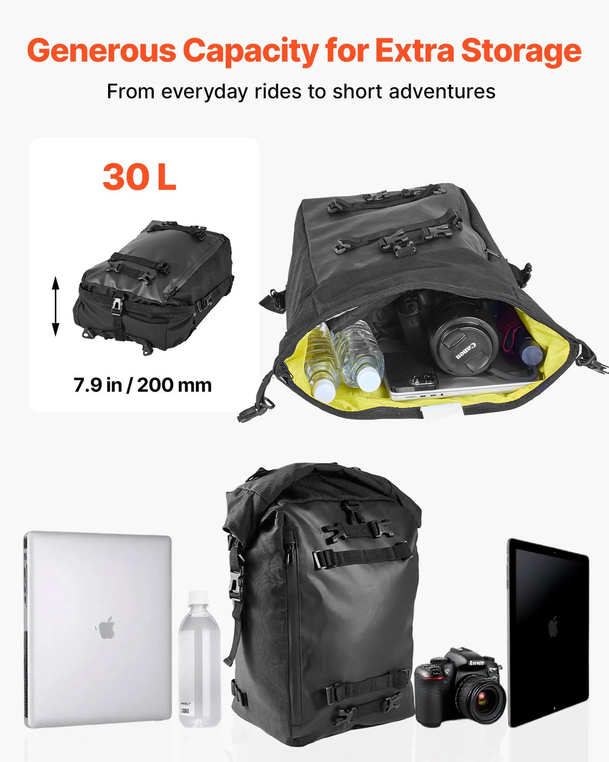 VEVOR motocikla aizmugurējā bagāžas soma, 30 l motocikla aizmugurējā sēdekļa soma ar ūdensnecaurlaidīgu lietus pārsegu, āra motocikla bagāžas uzglabāšanas soma – mugursoma ar pleca siksnām, universāli piemērota aizmugurējiem bagāžas statīviem, melna - ZEMLETES.LV