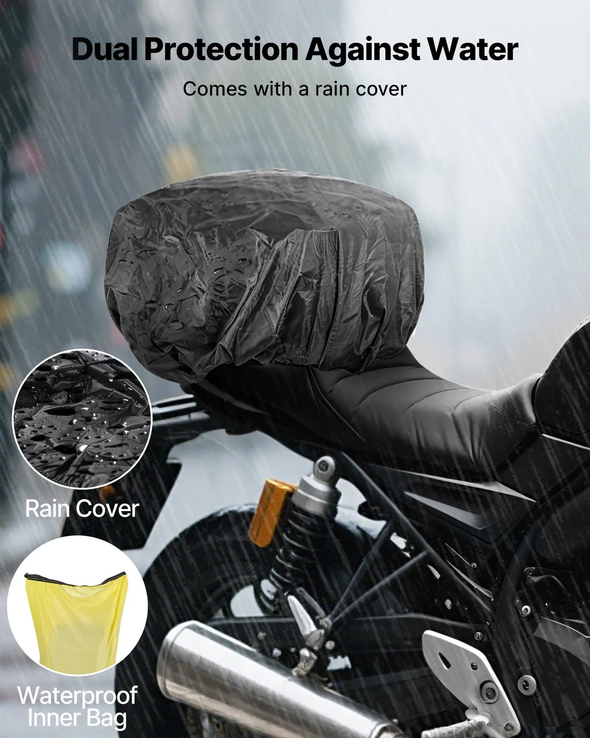 VEVOR motocikla aizmugurējā bagāžas soma, 30 l motocikla aizmugurējā sēdekļa soma ar ūdensnecaurlaidīgu lietus pārsegu, āra motocikla bagāžas uzglabāšanas soma – mugursoma ar pleca siksnām, universāli piemērota aizmugurējiem bagāžas statīviem, melna - ZEMLETES.LV