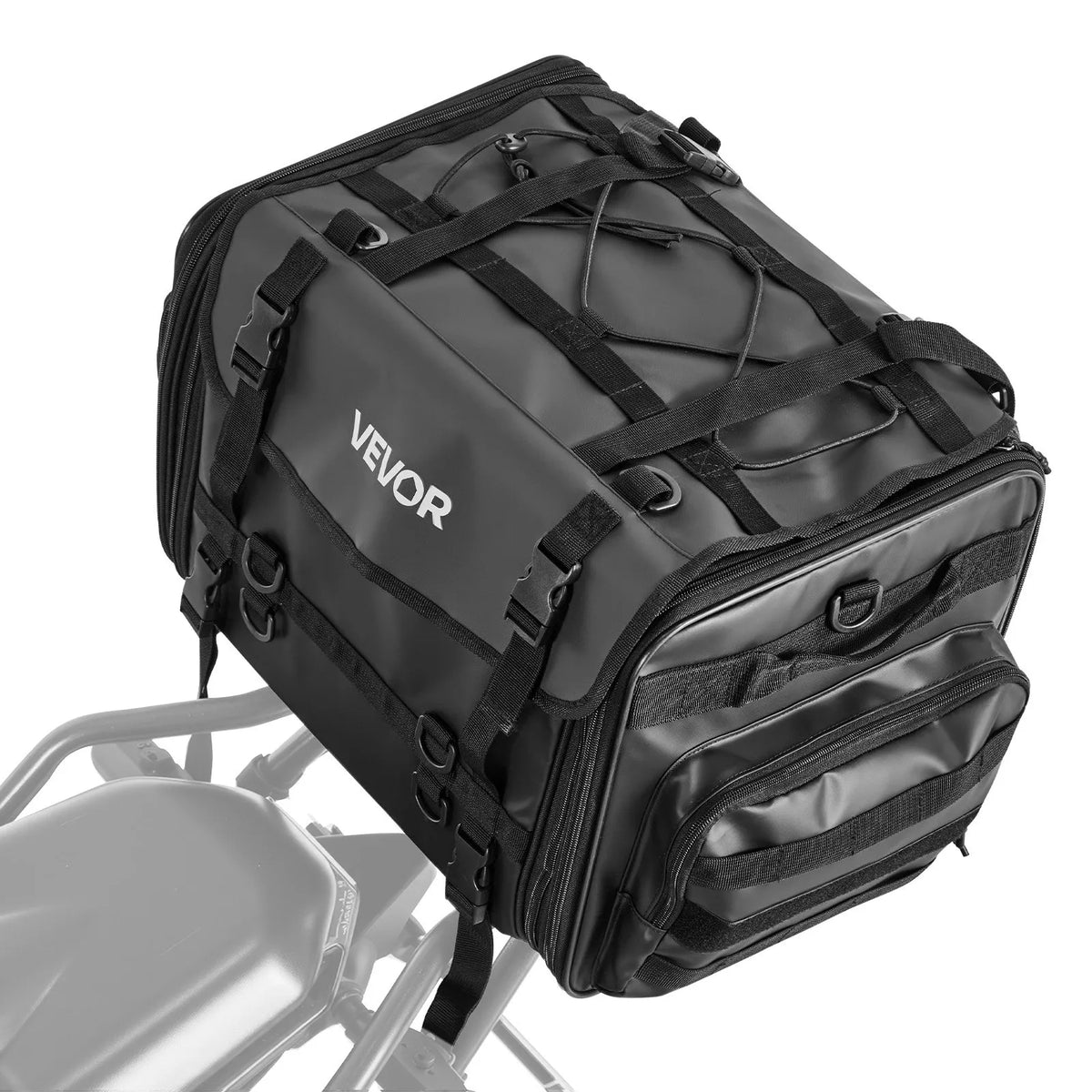 VEVOR motocikla aizmugurējā sēdekļa soma, 40–60 l paplašināma motocikla bagāžas soma ar ūdensnecaurlaidīgu lietus pārsegu, salokāma āra motocikla bagāžas uzglabāšanas soma ar pleca siksnām, kabatu un elastīgu auklu, melna - ZEMLETES.LV