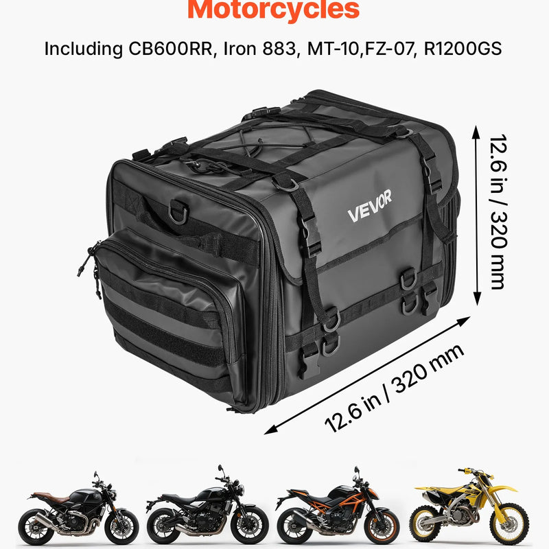 VEVOR motocikla aizmugurējā sēdekļa soma, 40–60 l paplašināma motocikla bagāžas soma ar ūdensnecaurlaidīgu lietus pārsegu, salokāma āra motocikla bagāžas uzglabāšanas soma ar pleca siksnām, kabatu un elastīgu auklu, melna - ZEMLETES.LV