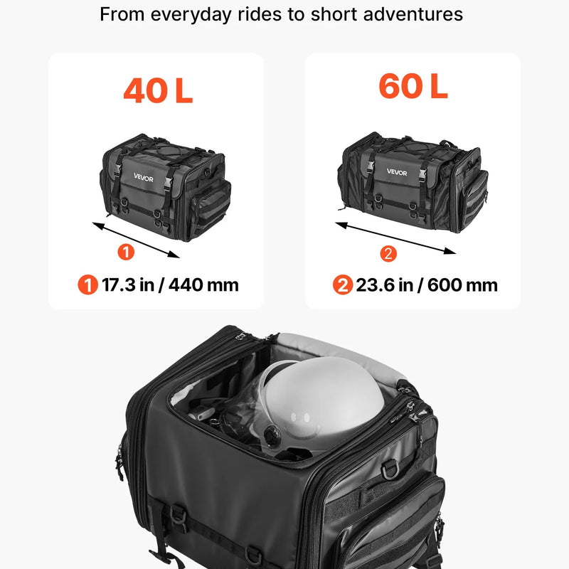 VEVOR motocikla aizmugurējā sēdekļa soma, 40–60 l paplašināma motocikla bagāžas soma ar ūdensnecaurlaidīgu lietus pārsegu, salokāma āra motocikla bagāžas uzglabāšanas soma ar pleca siksnām, kabatu un elastīgu auklu, melna - ZEMLETES.LV