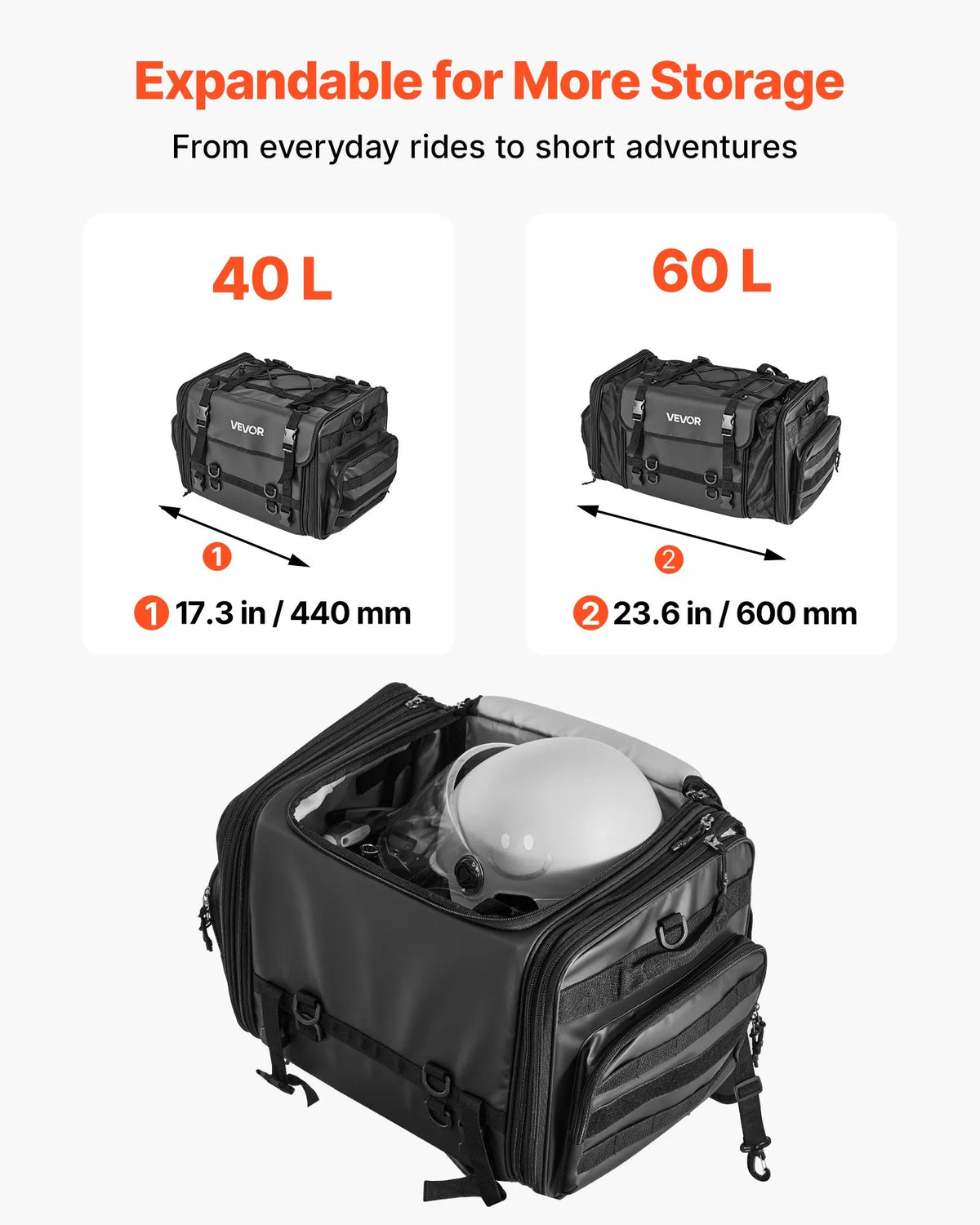 VEVOR motocikla aizmugurējā sēdekļa soma, 40–60 l paplašināma motocikla bagāžas soma ar ūdensnecaurlaidīgu lietus pārsegu, salokāma āra motocikla bagāžas uzglabāšanas soma ar pleca siksnām, kabatu un elastīgu auklu, melna - ZEMLETES.LV