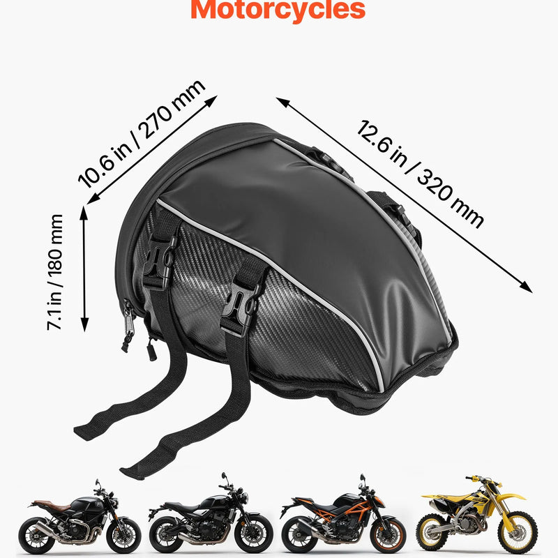 VEVOR motocikla aizmugurējā sēdekļa soma, 10 l motocikla bagāžas soma ar ūdensnecaurlaidīgu lietus pārsegu, āra motocikla bagāžas uzglabāšanas soma – mugursoma un rokas soma ar pleca siksnu un iekšējo kabatu, universāli piemērota bagāžas statīviem, melna - ZEMLETES.LV